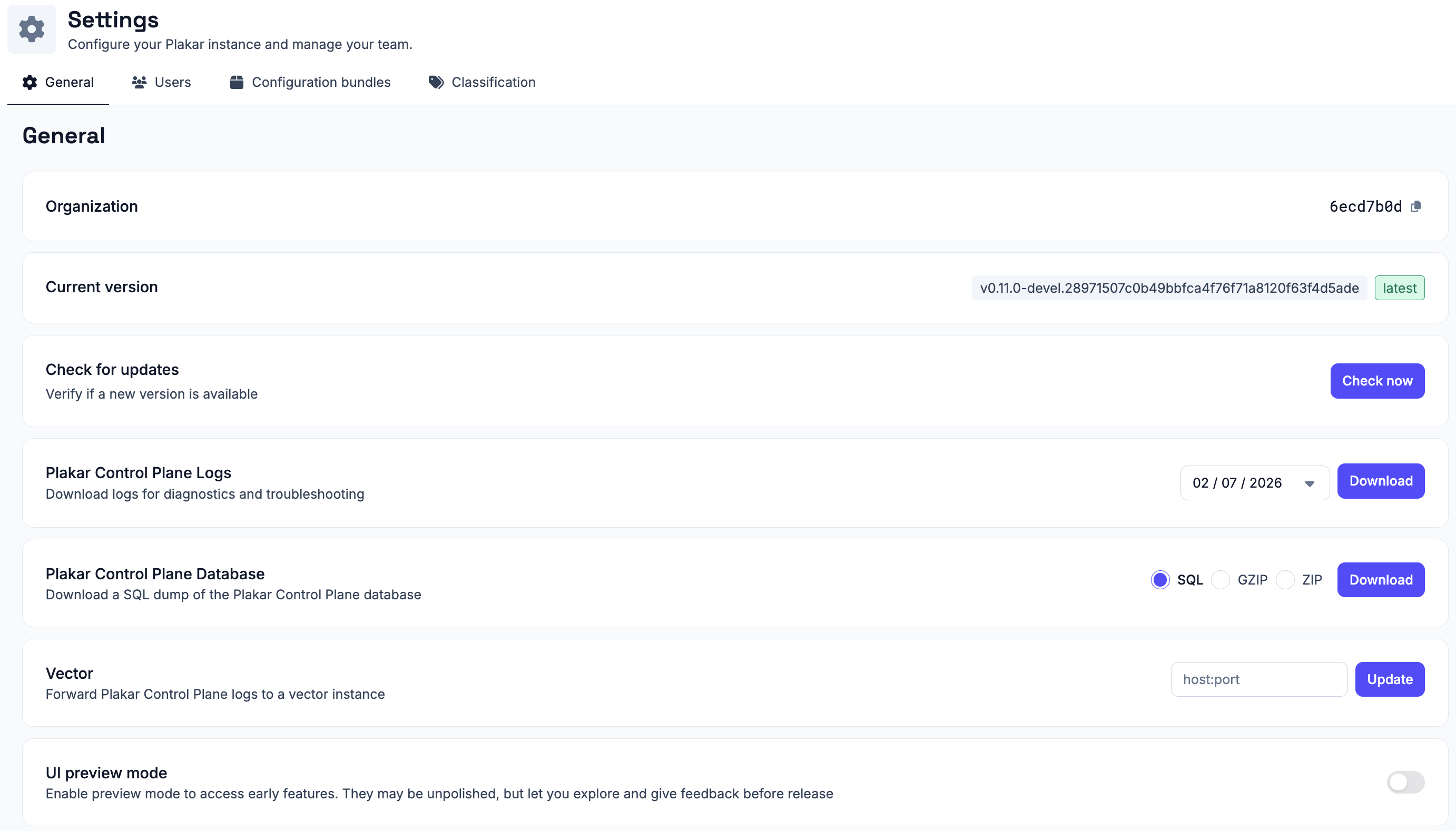 Plakar Control Plane general settings