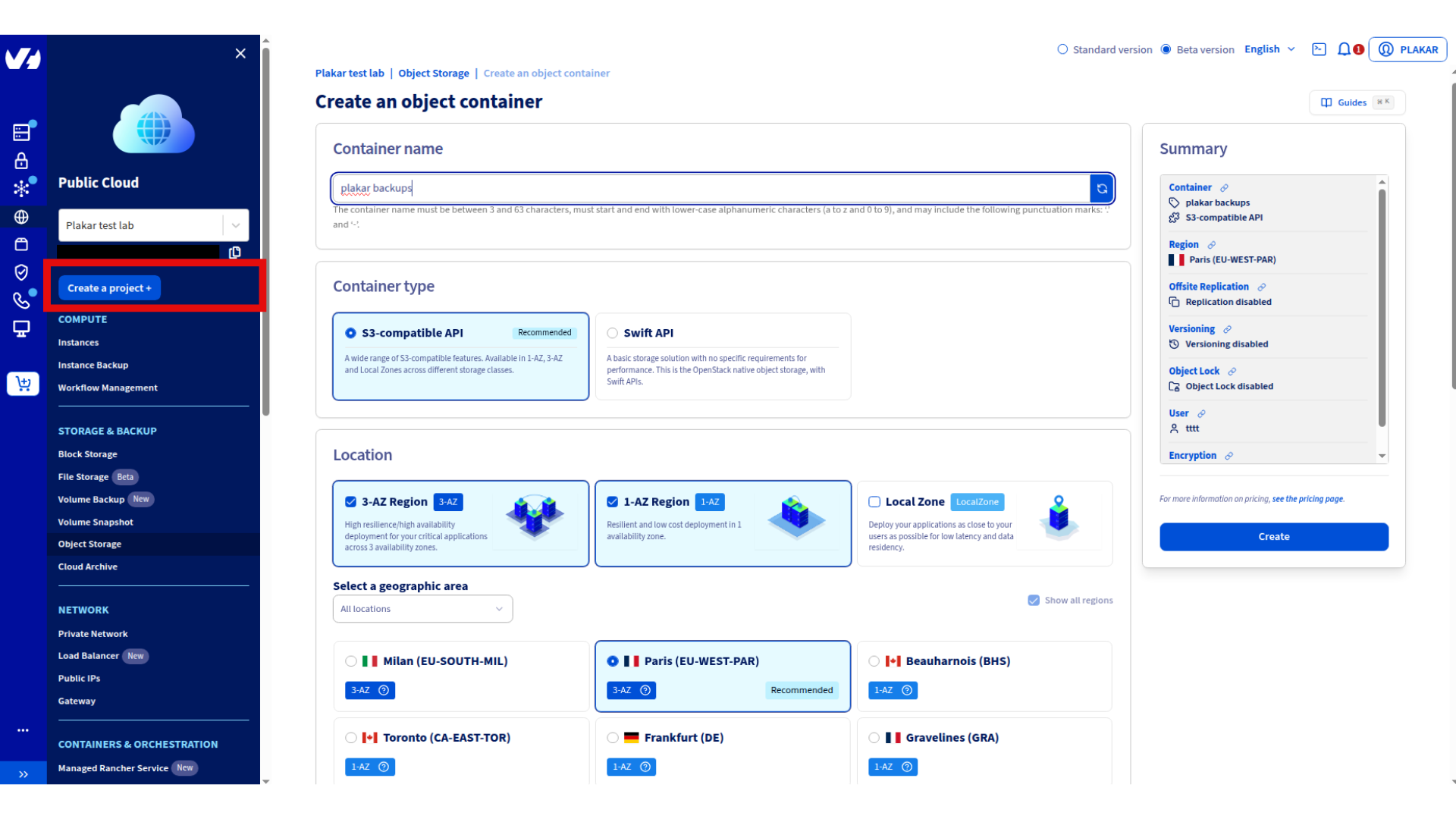 Create a new object storage