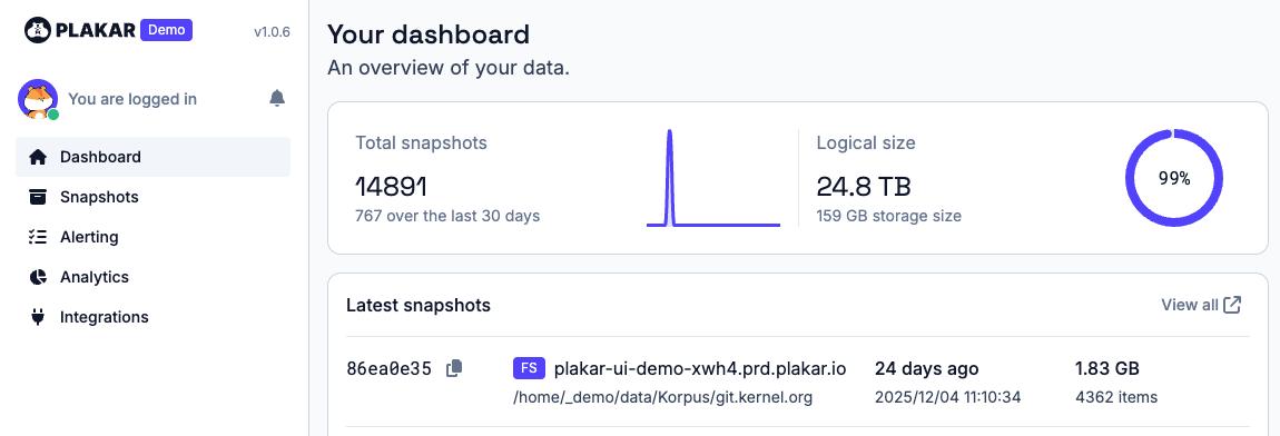 Plakar dashboard