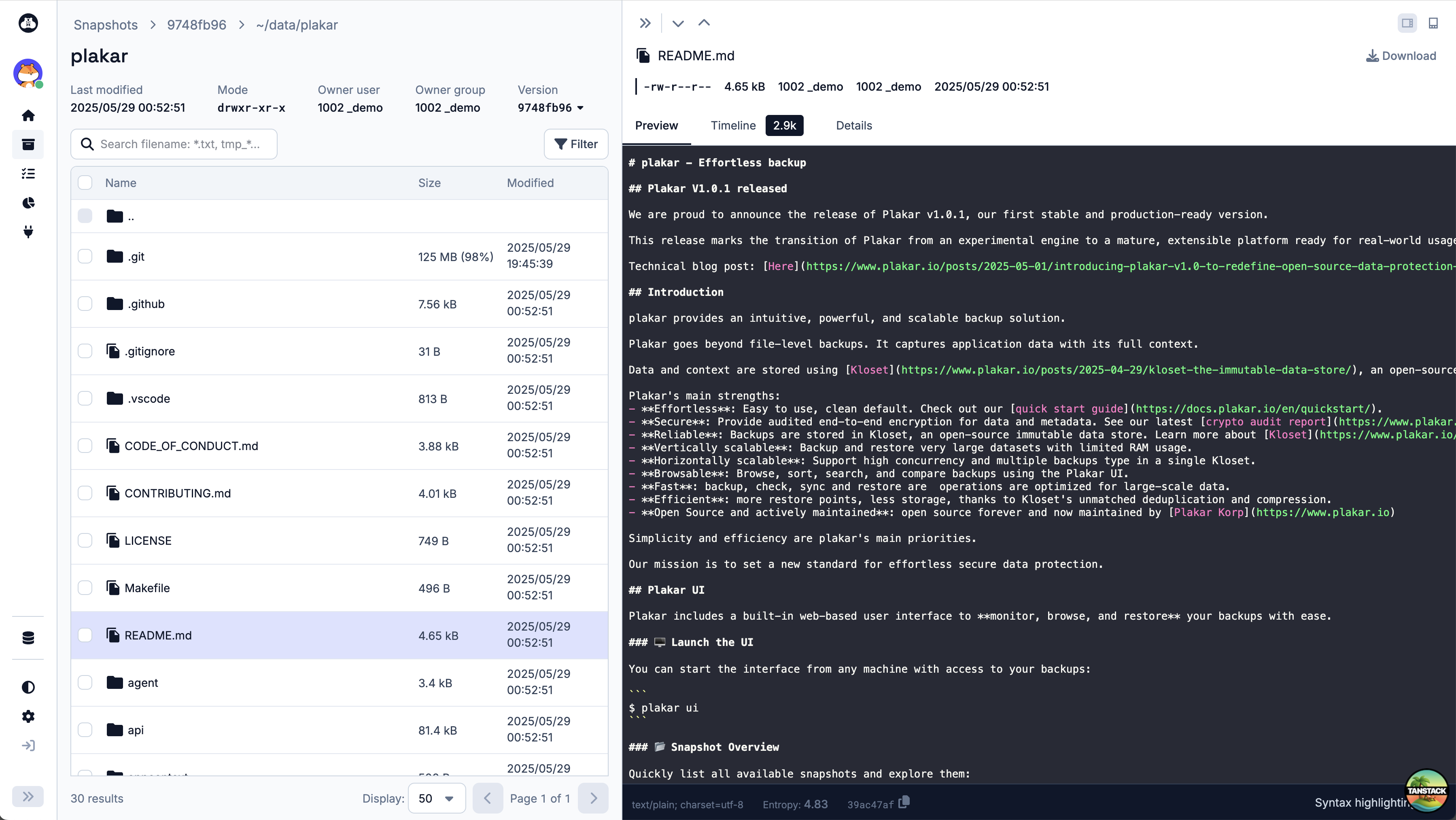 Plakar UI file preview screenshot